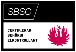 Ett certifikat från SBSC med texten certifierad behörig elkontrollant.